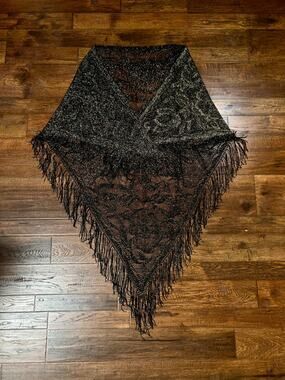 Vintage Metallic Net Shawl - Black Gold Floral Lace Fringe Triangle Wrap